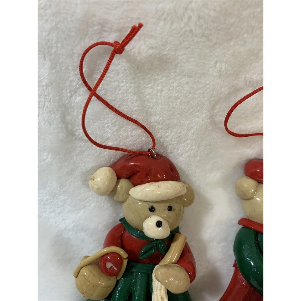 Lot Of 2 Vintage Glazed Salt Dough Type Christmas Bear Festive Holiday Ornaments